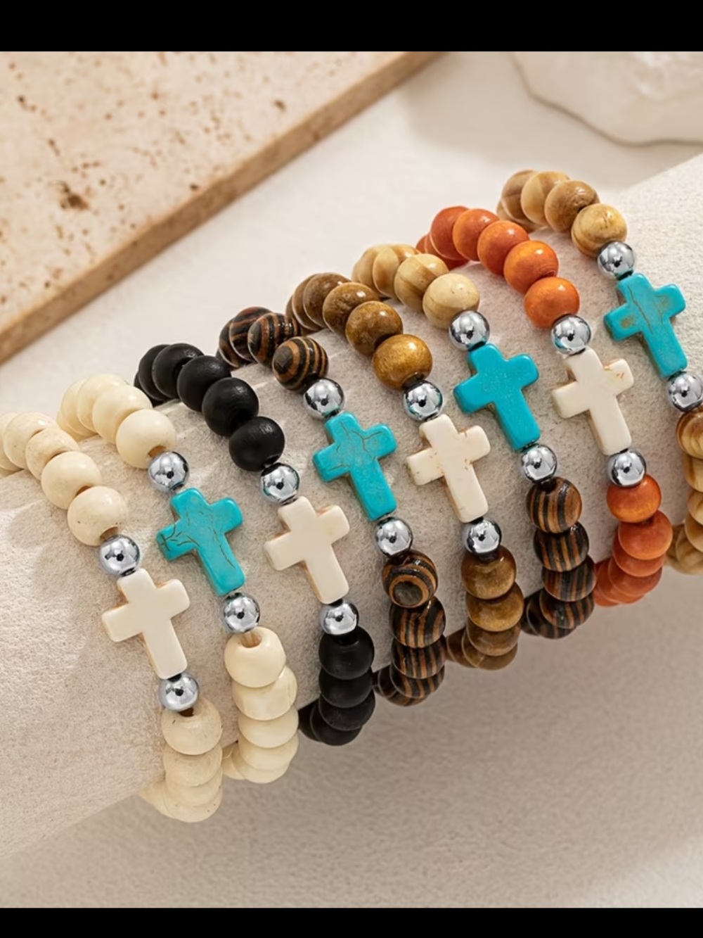 Beaded Cross Stretch Bracelet - Turquoise & Neutral Mix set of 8 new